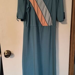 Vintage Teal Midi Dress with Contrast Panels